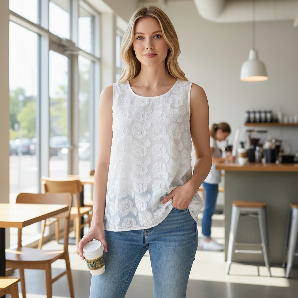 Liz Claiborne Blouse Women 3X White NWT Floral Embroidered Mesh Sleeveless Top